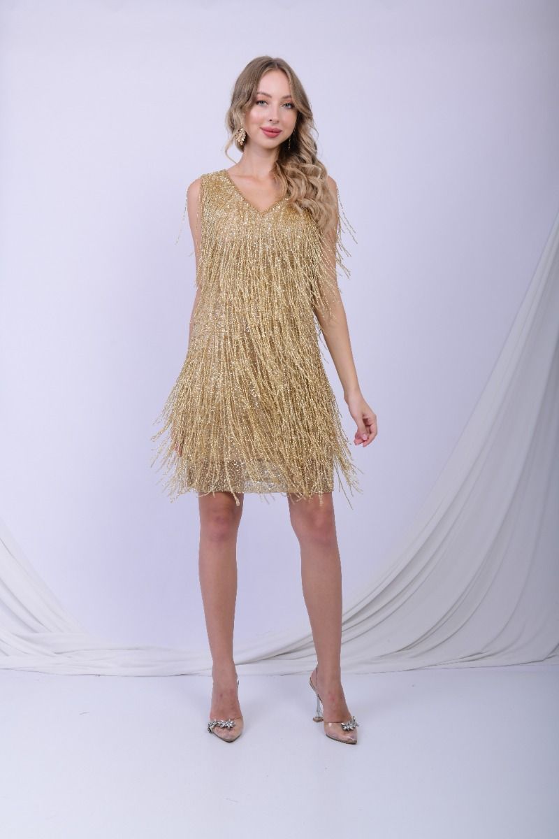 Glamour Gatsby Fringe Party Dress in Gold L / Gold