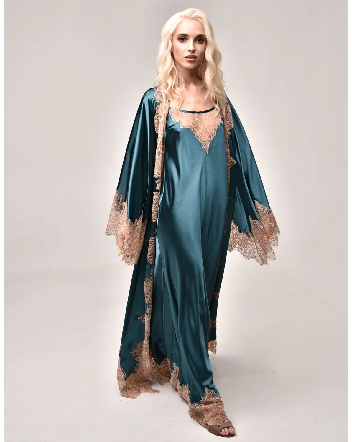 Midnight Teal Pure Silk Robe and Nightgown Set