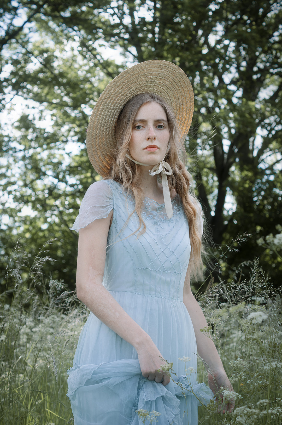wedding dresses light blue DreamDress By PMN Alsatia Haute A-Line Wedding Dress Gown Illusion Off Shoulder Floral Accents Chapel Train | Size: Small
