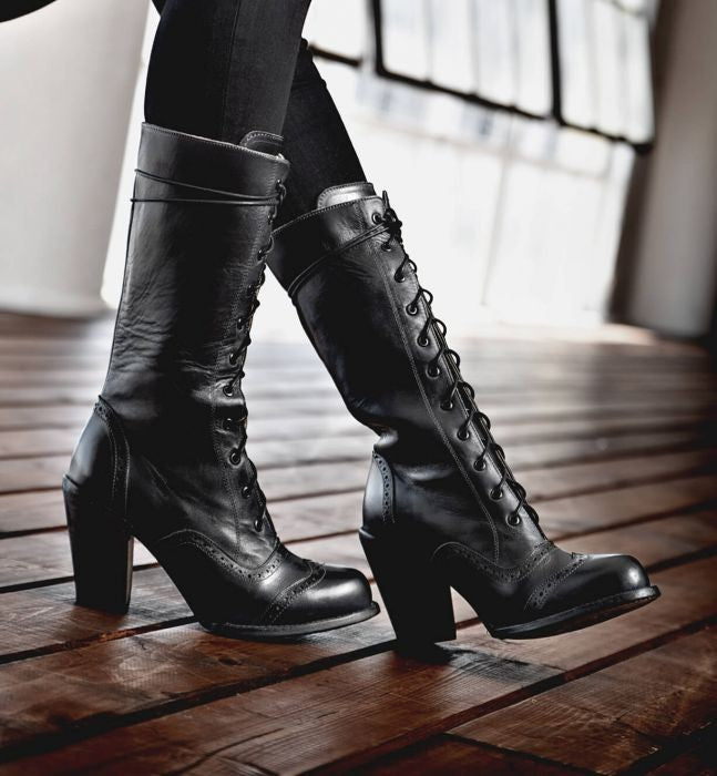 Ariana Victorian Inspired Mid-Calf Leather Boots in Black Rustic 6 / Black