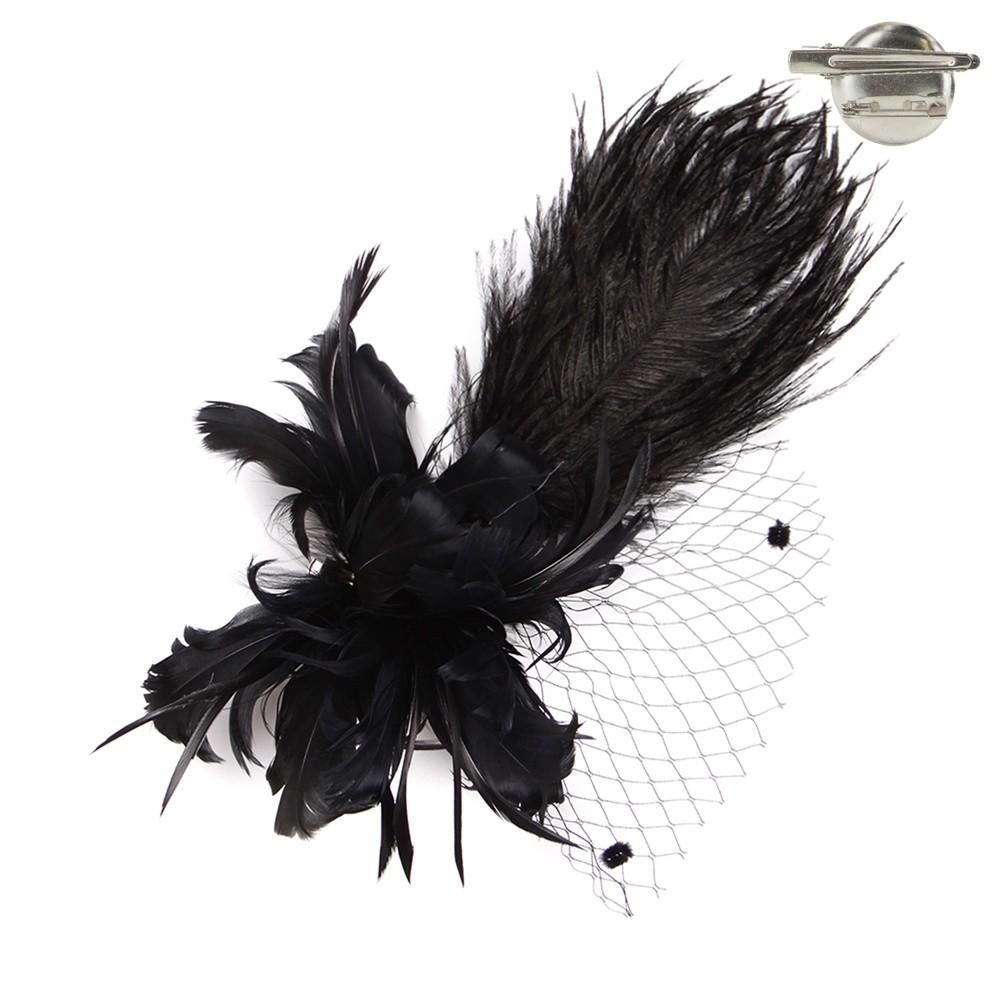 1920s Style Long Feather Fascinator in Black