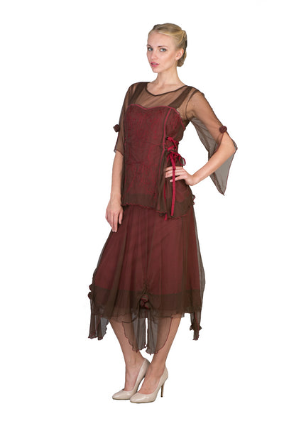 Asymmetrical Chiffon Rosettes Party Dress in Chocolate-Raspberry by Nataya - SOLD OUT