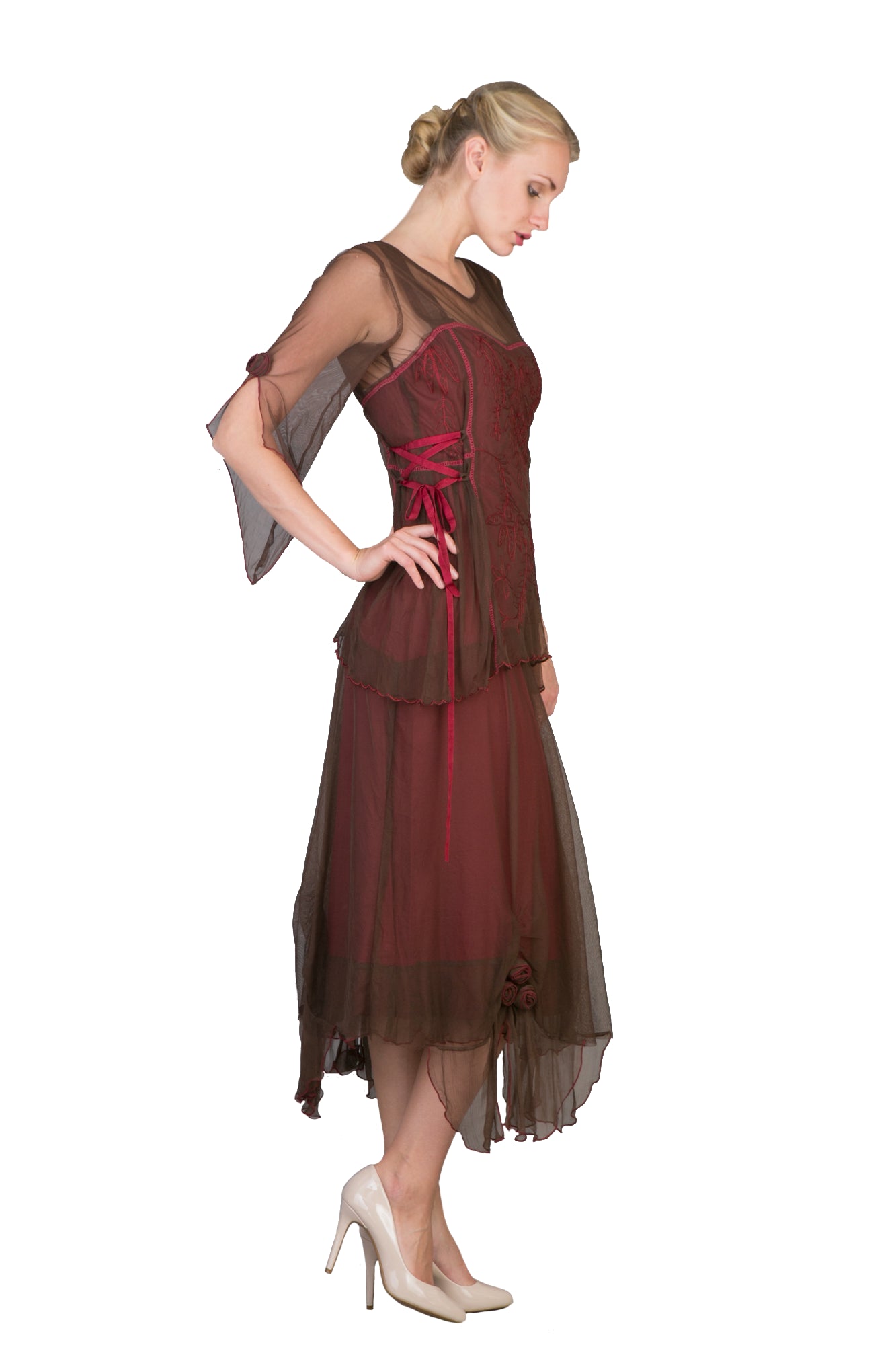 Asymmetrical Chiffon Rosettes Party Dress in Chocolate-Raspberry by Nataya - SOLD OUT