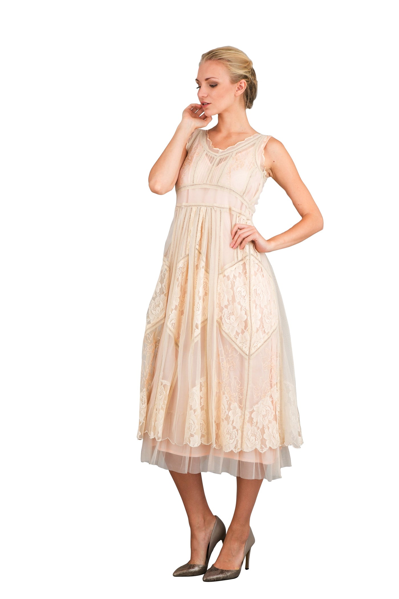 Romantic Vintage Style Sleeveless Dress in Ecru by Nataya - SOLD OUT