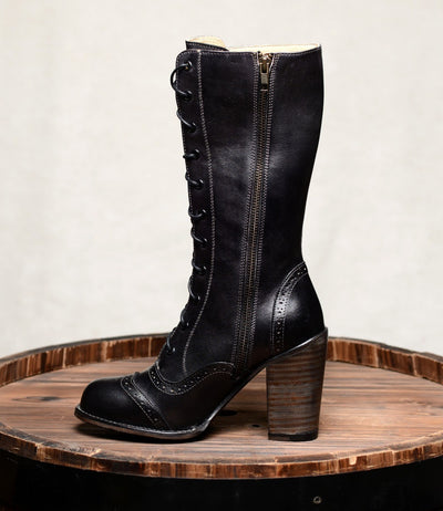 Victorian Inspired Mid-Calf Leather Boots in Black Rustic