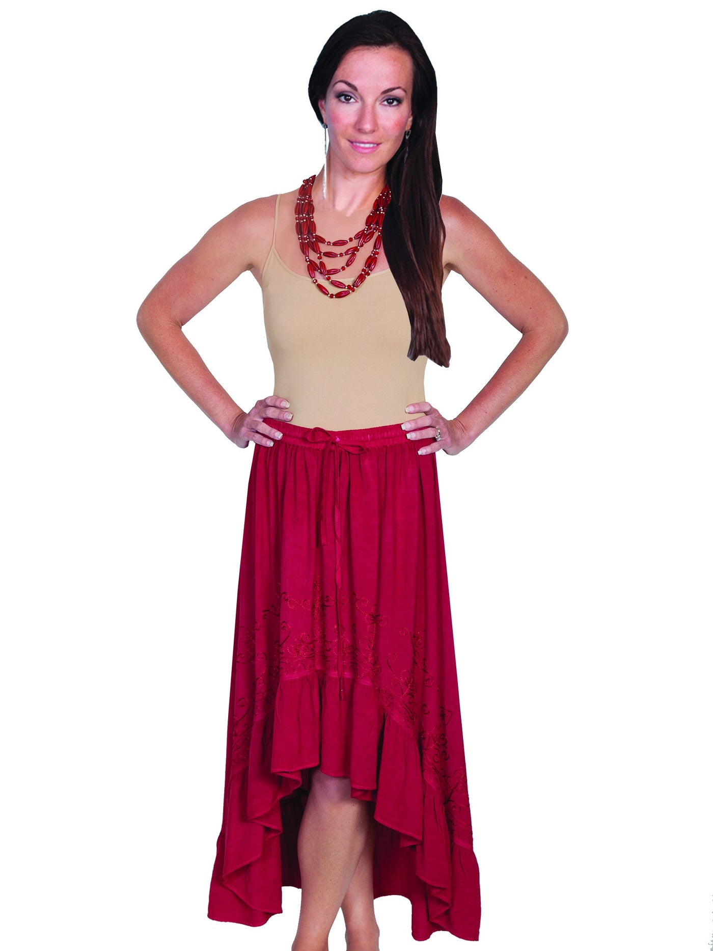 Western Style High-Low Embroidered Skirt in Burgundy - SOLD OUT