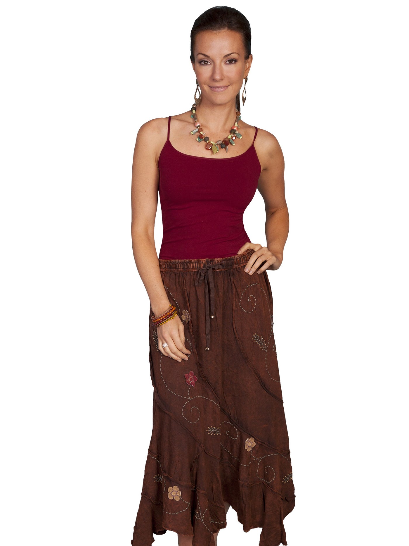 Bohemian Floral Embroidery Maxi Skirt in Brown - SOLD OUT