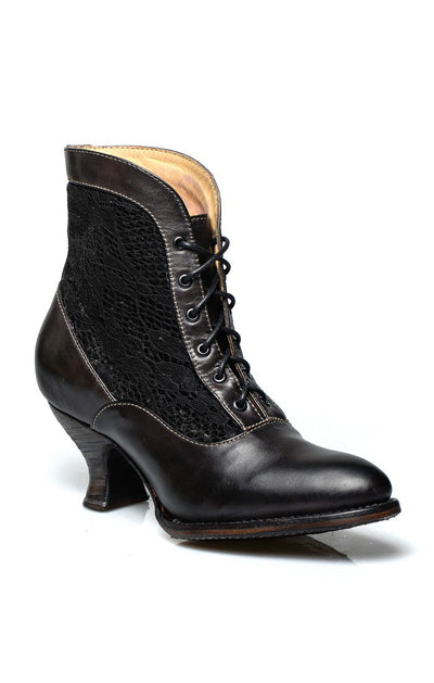 Vintage Style Victorian Lace Up Leather Boots in Black Rustic