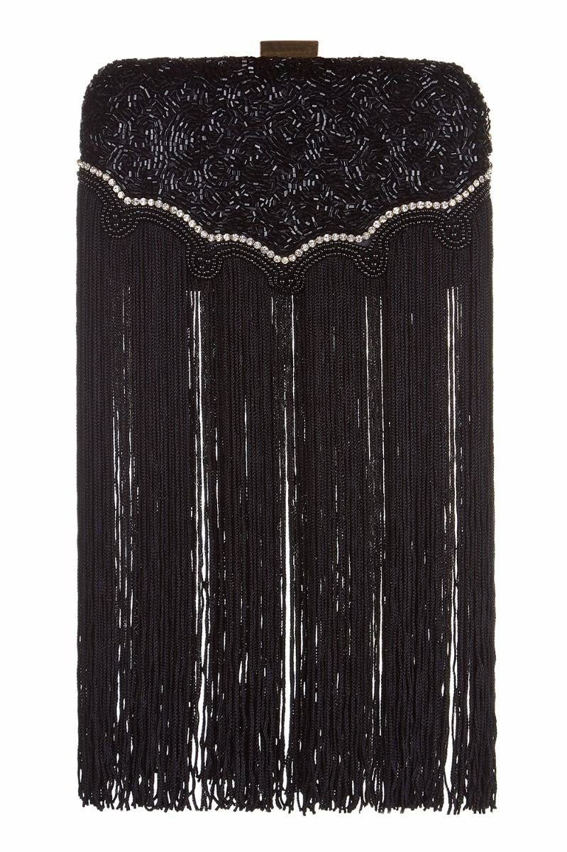 Flapper Style Hand Beaded Fringe Clutch Bag in Black - SOLD OUT