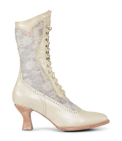 Victorian Inspired Leather & Lace Boots in Pearl