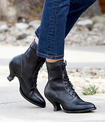 Victorian Style Leather Ankle Boots in Black Rustic