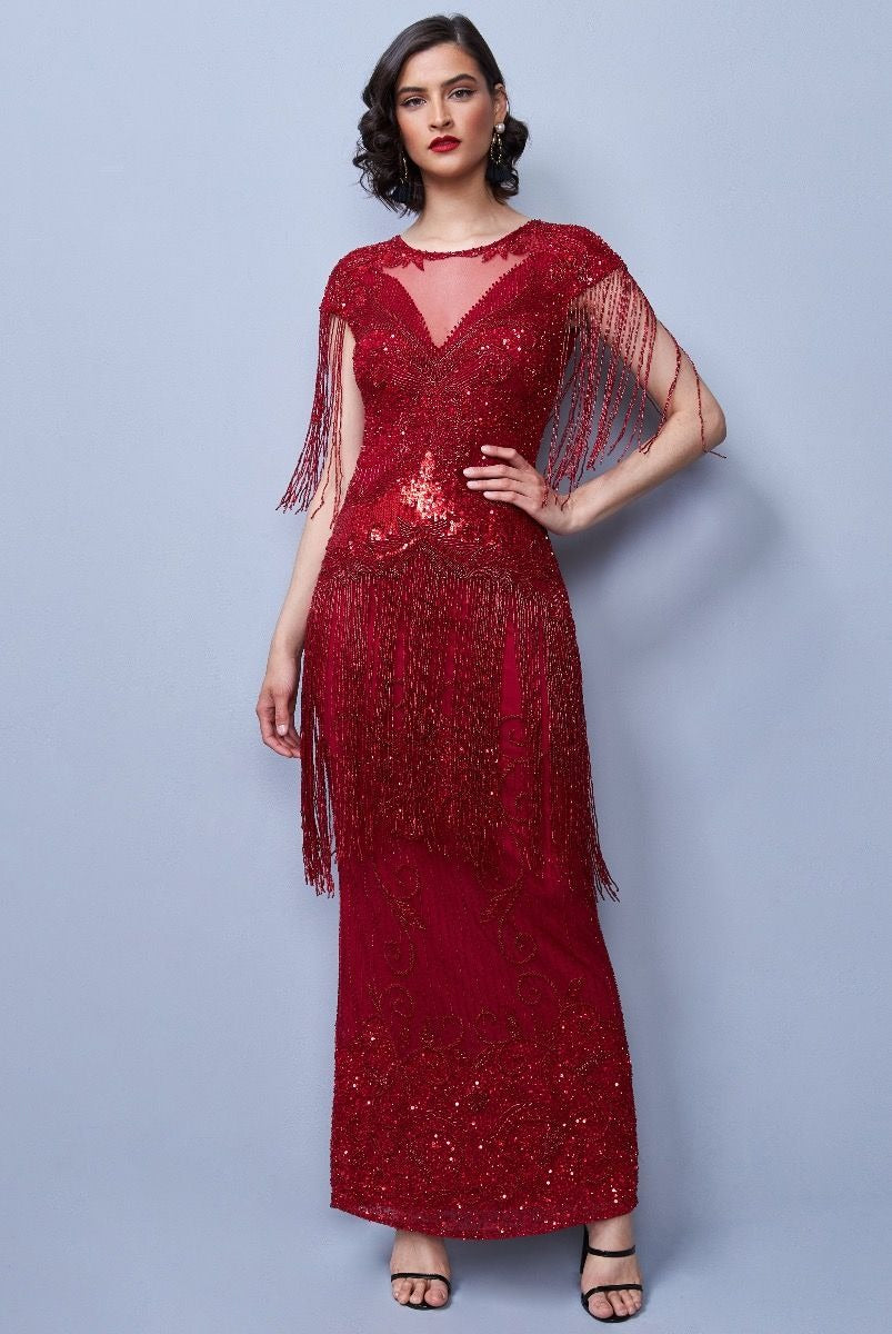 Ethel 1920s Evening Maxi Fringe Gown in Red WardrobeShop Ethel 1920s Evening Maxi Fringe Gown in Red WardrobeShop