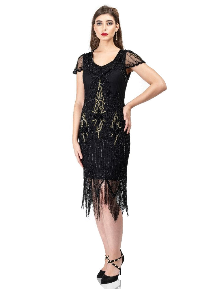 Flapper Style Fringe Party Dress in Black Gold By Gatsby Lady WardrobeShop Flapper Style Fringe Party Dress in Black Gold By Gatsby Lady WardrobeShop