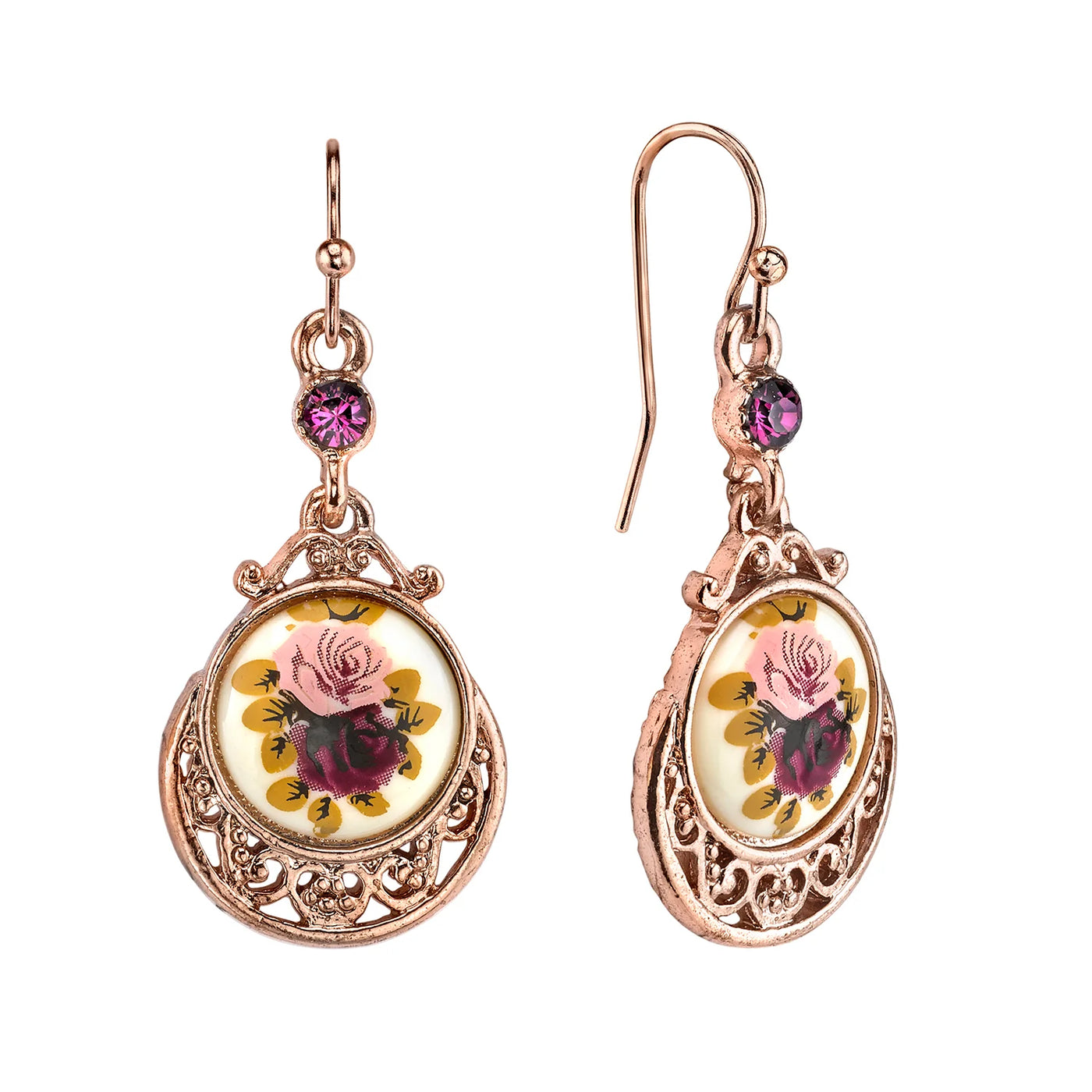 Manor House Purple & Pink Rose Flower Amethyst Crystal Drop Earrings