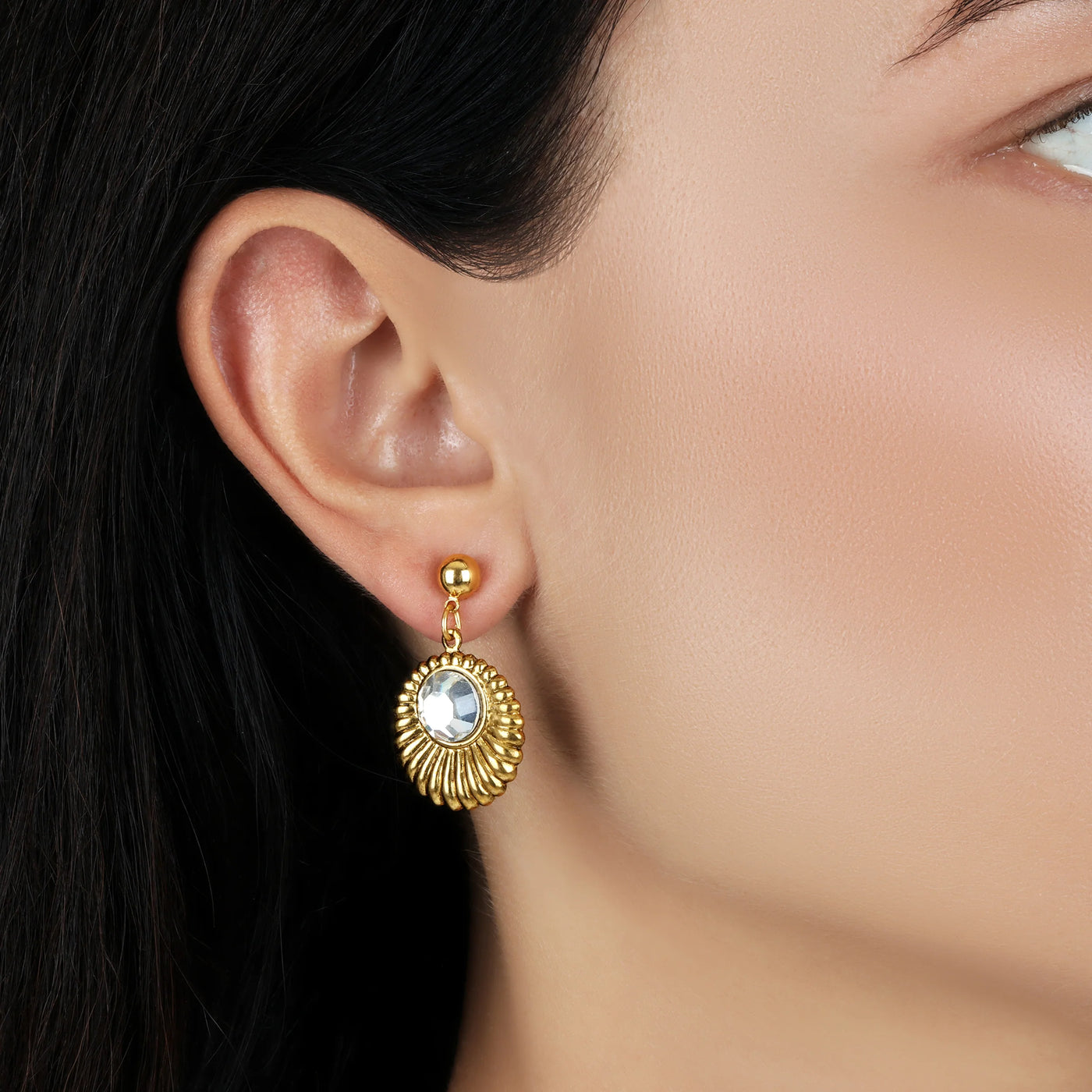 Scalloped Medallion Stone Post Back Drop Earrings