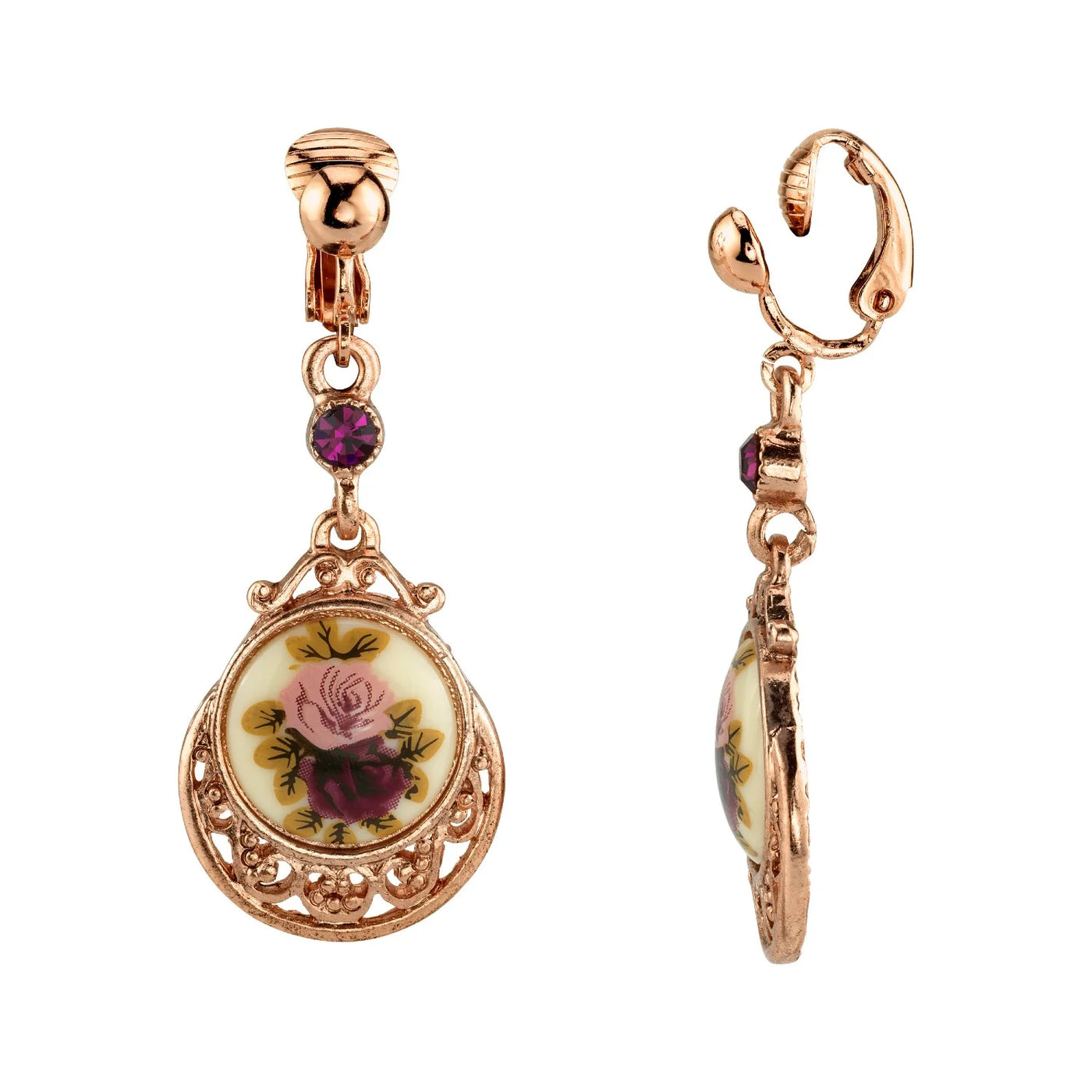 Manor House Rose Purple Crystal Flower Clip On Drop Earrings