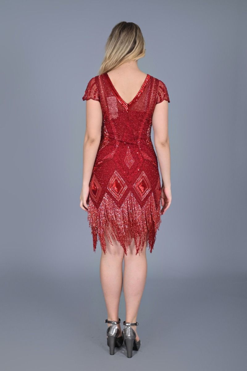 Art Deco Fringe Flapper Dress in Red L / Red Art Deco Fringe Flapper Dress in Red L / Red