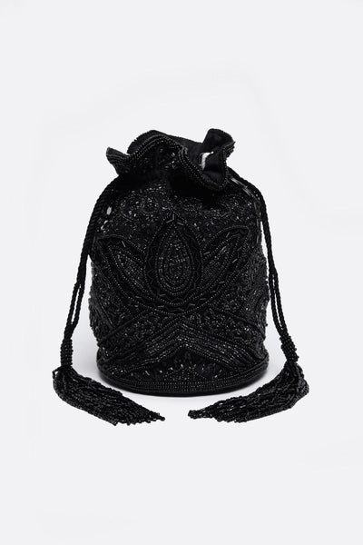 Beatrice Hand Embellished Fringe Bucket Bag in Black