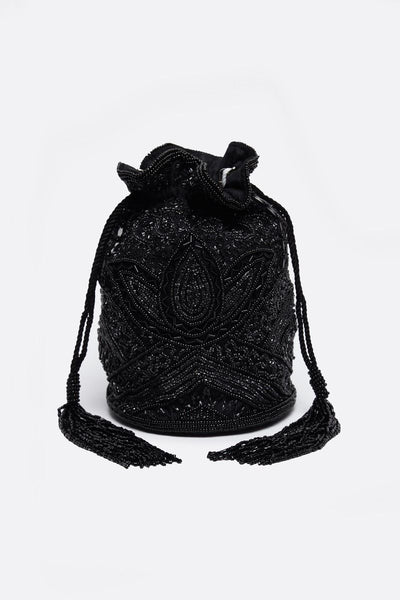 Beatrice Hand Embellished Fringe Bucket Bag in Black