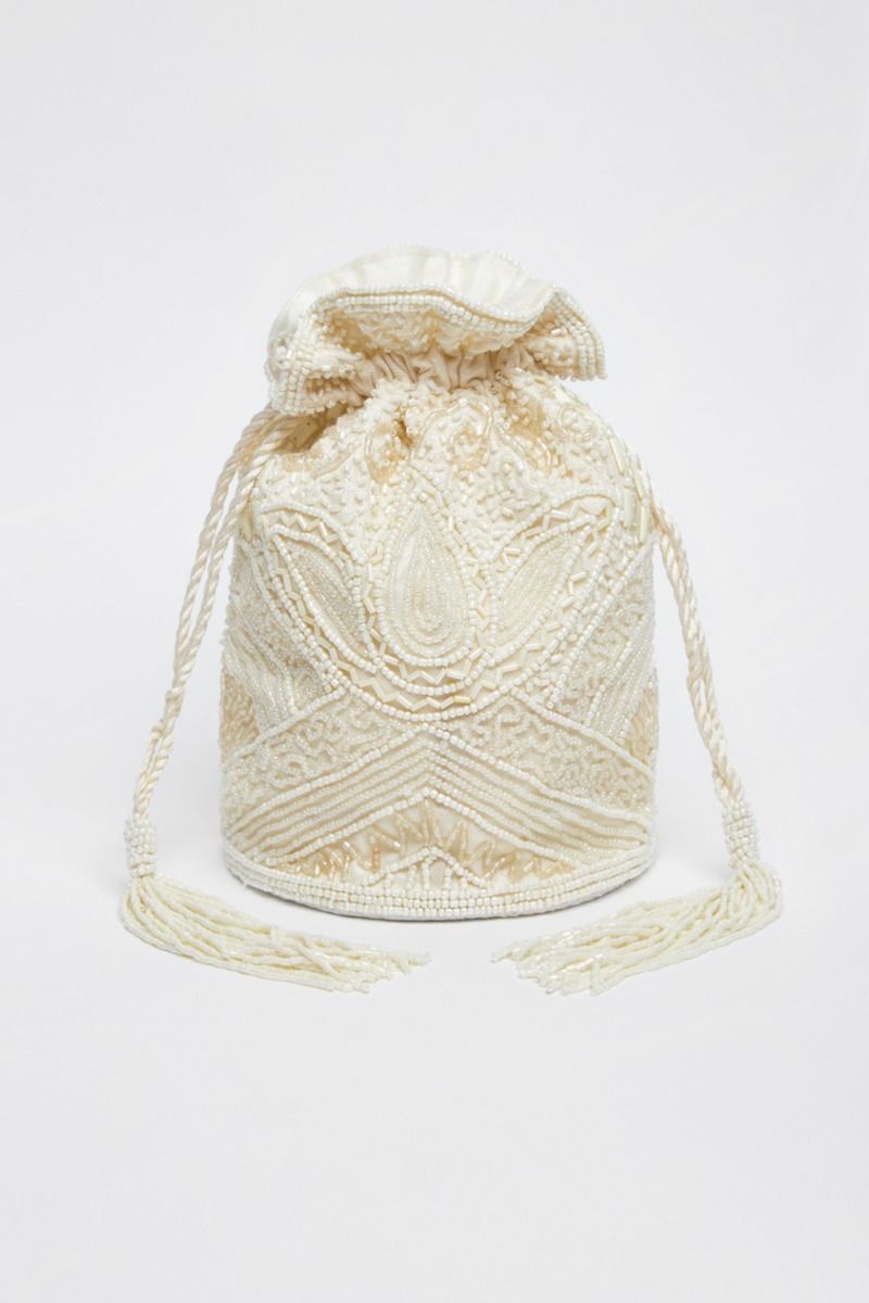 Beatrice Hand Embellished Fringe Bucket Bag in Cream