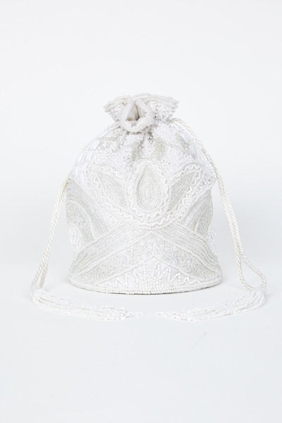 Beatrice Hand Embellished Fringe Bucket Bag in White