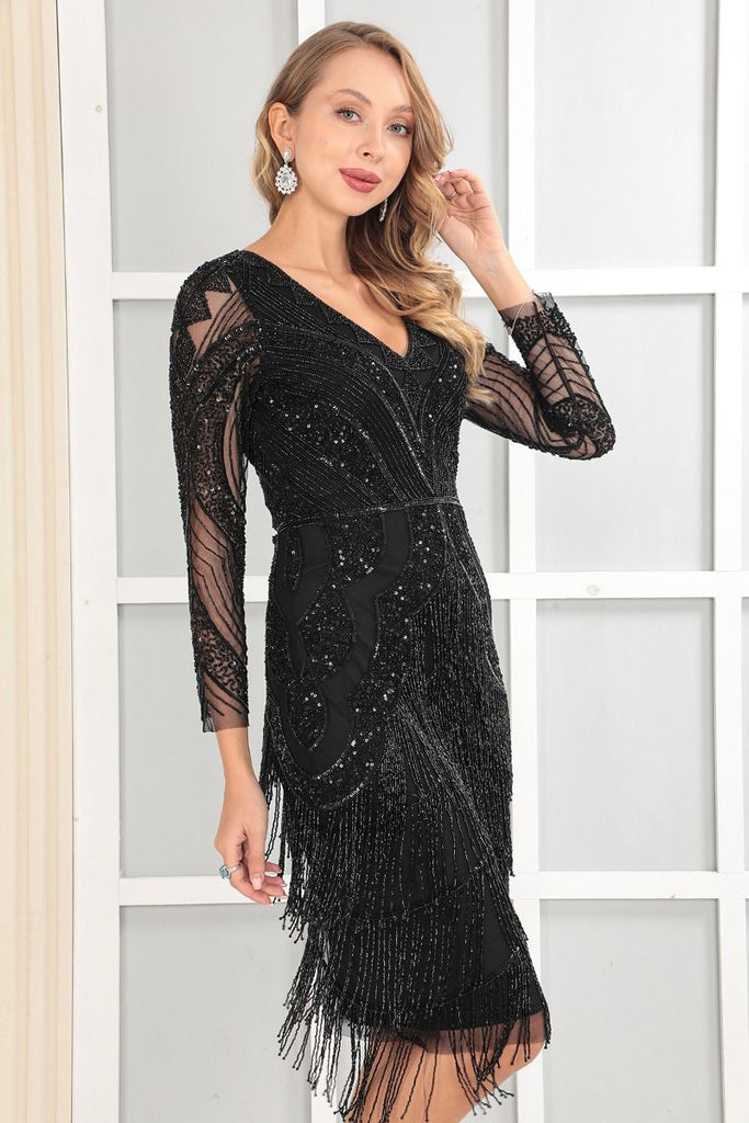 1920s Style Beaded Fringe Midi Party Dress in Black by Gatsby Lady WardrobeShop 1920s Style Beaded Fringe Midi Party Dress in Black by Gatsby Lady WardrobeShop