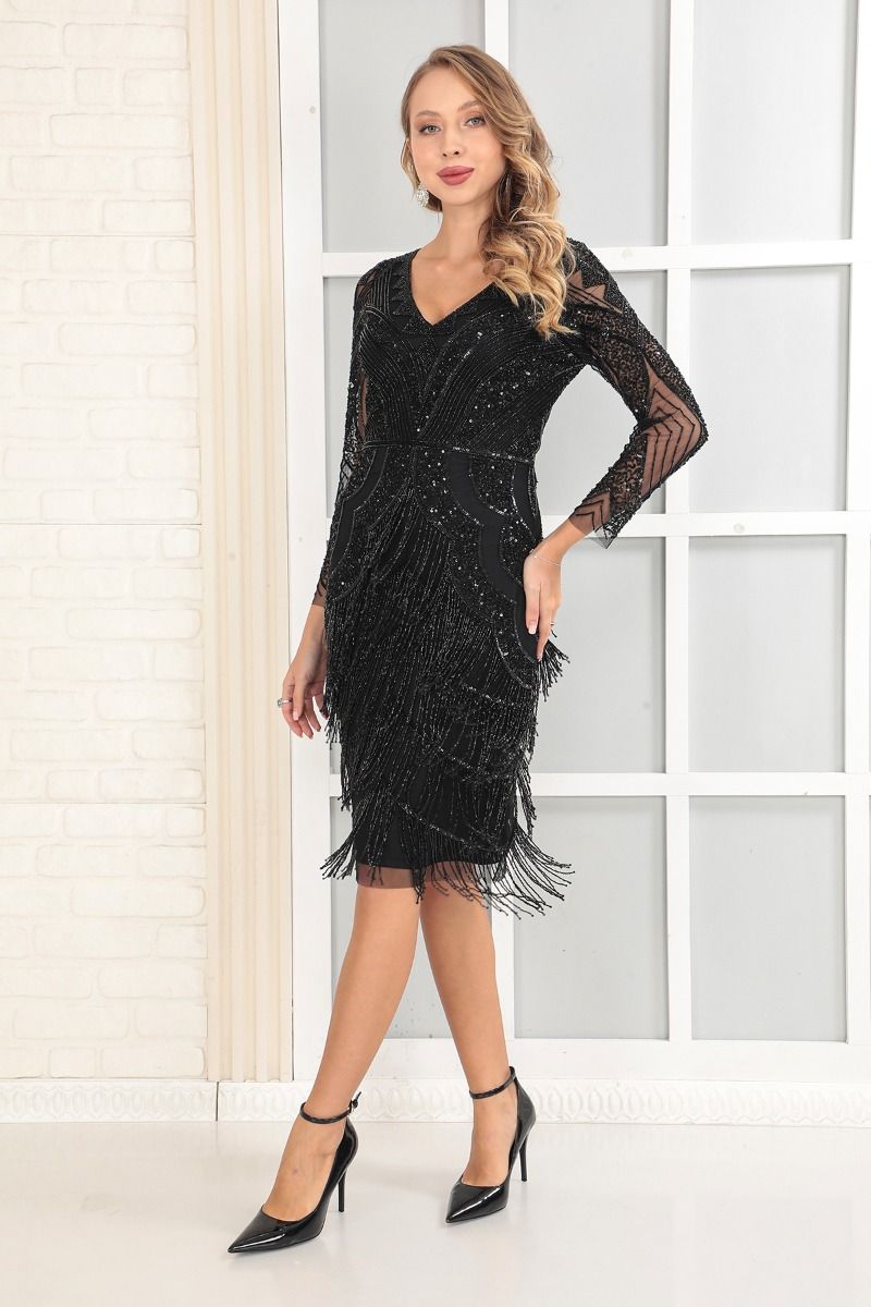 1920s Style Beaded Fringe Midi Party Dress in Black by Gatsby Lady WardrobeShop 1920s Style Beaded Fringe Midi Party Dress in Black by Gatsby Lady WardrobeShop