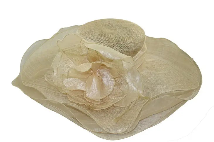 Brim Sinamay Hat with Flower in Tan