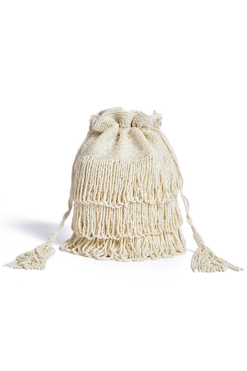 Channel Hand Embellished Fringe Bucket Bag in Cream