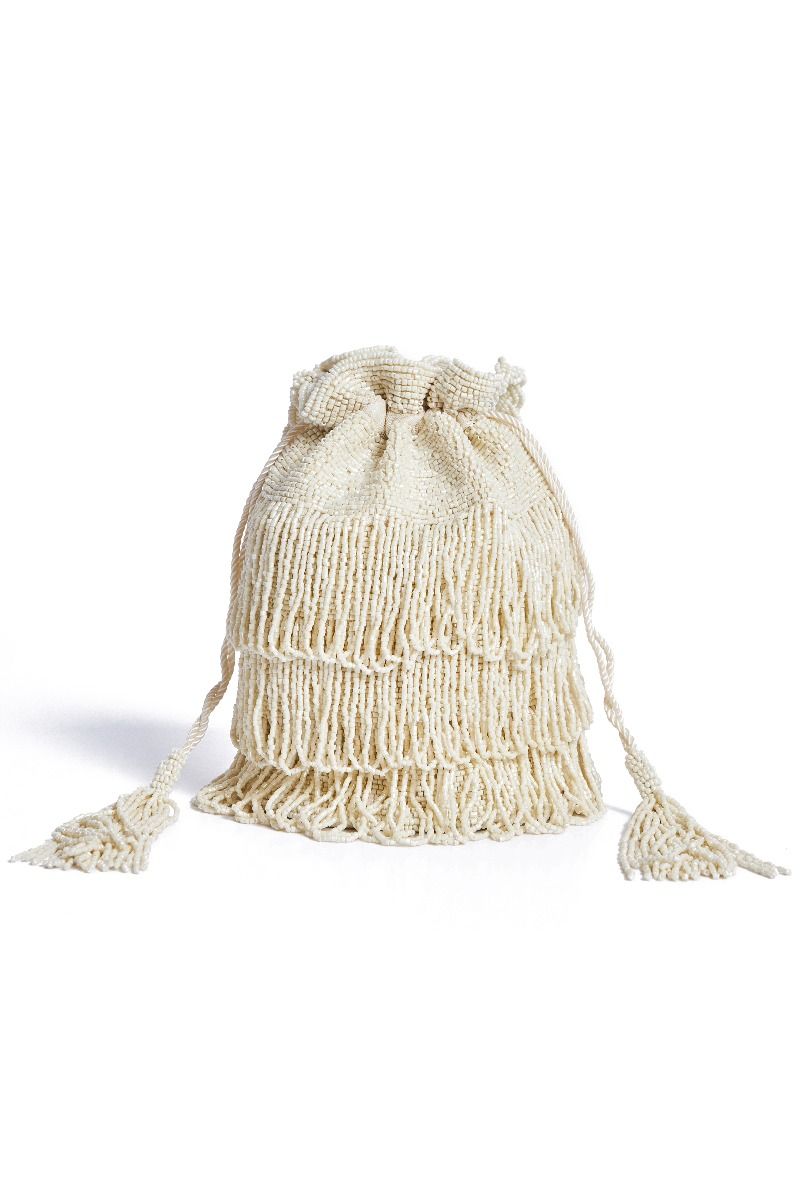 Pretty 1920s Purses and Handbags Channel Hand Embellished Fringe Bucket Bag in Cream $120.00 AT vintagedancer.com