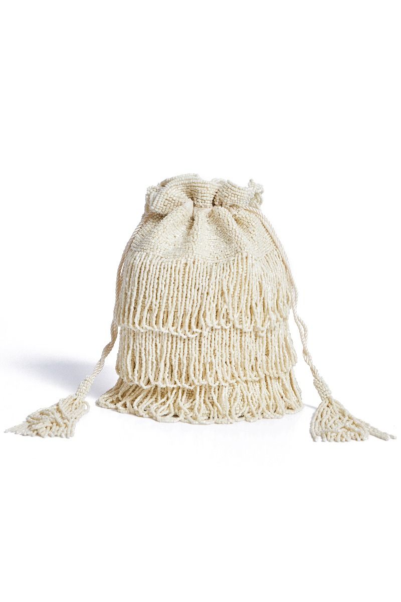 1920s Accessories: Feather Boas, Cigarette Holders, Flasks Channel Hand Embellished Fringe Bucket Bag in Cream $120.00 AT vintagedancer.com