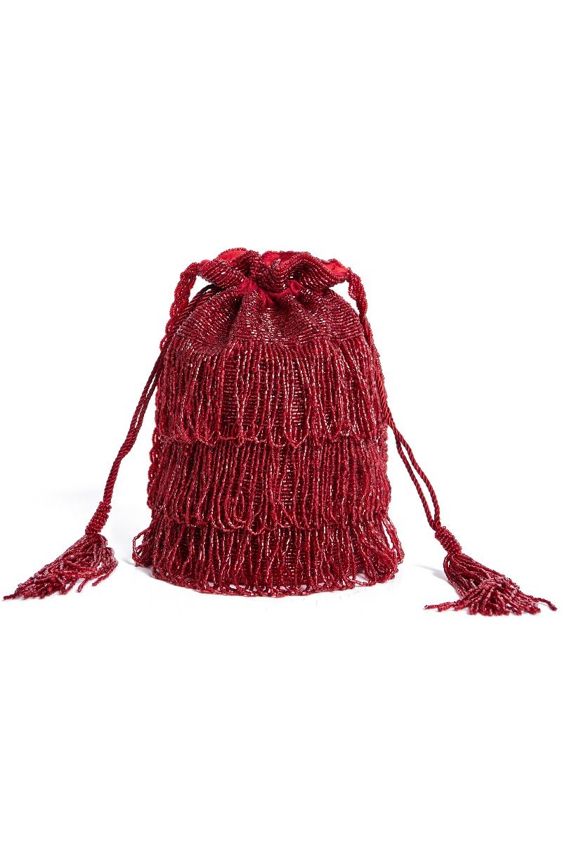 1920s Accessories: Feather Boas, Cigarette Holders, Flasks Channel Hand Embellished Fringe Bucket Bag in Red $120.00 AT vintagedancer.com