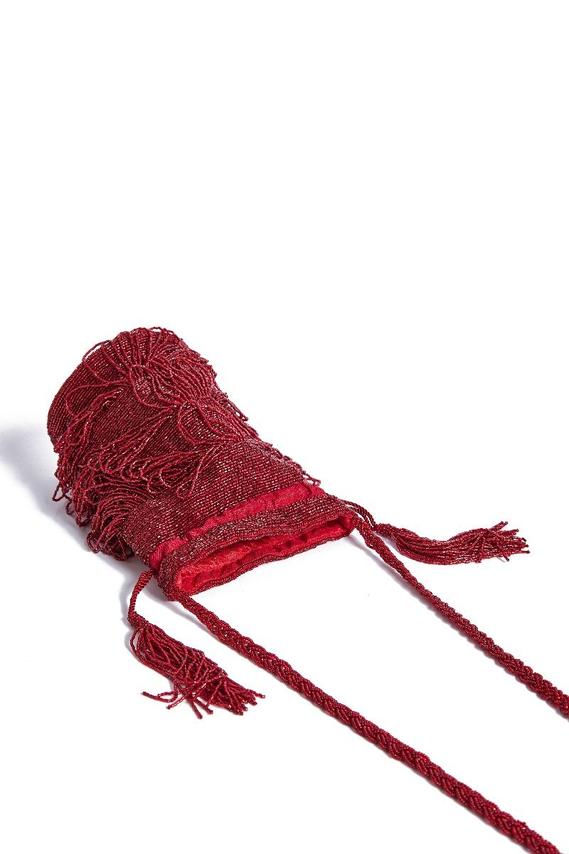 Channel Hand Embellished Fringe Bucket Bag in Red