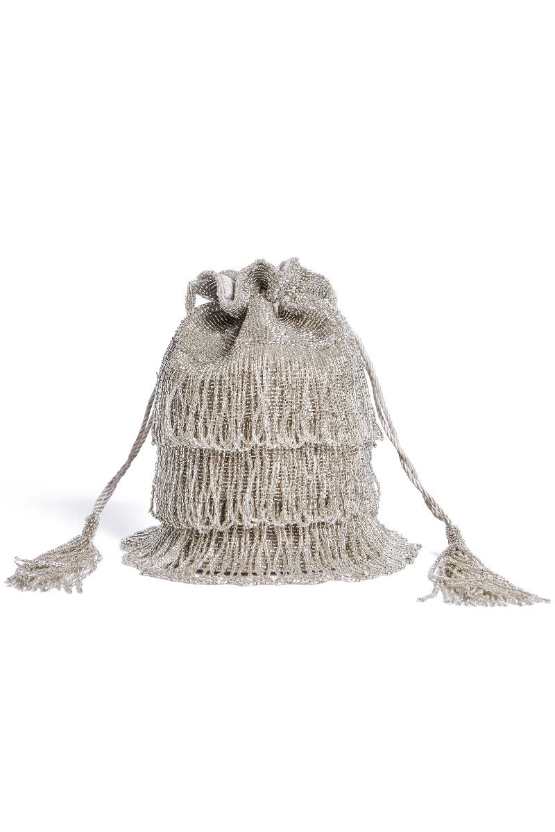 Channel Hand Embellished Fringe Bucket Bag in Silver
