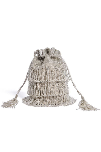 Channel Hand Embellished Fringe Bucket Bag in Silver