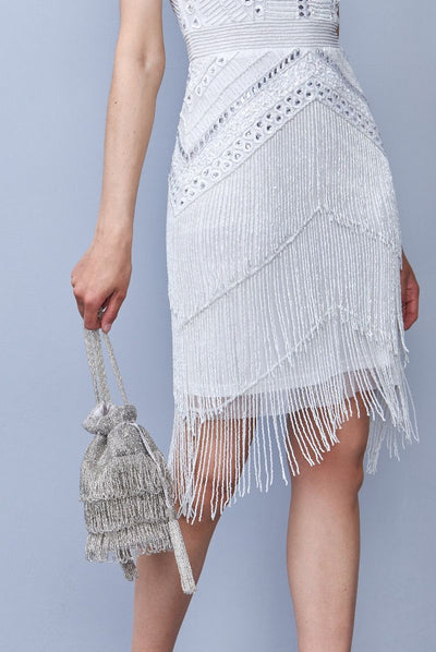 Channel Hand Embellished Fringe Bucket Bag in Silver