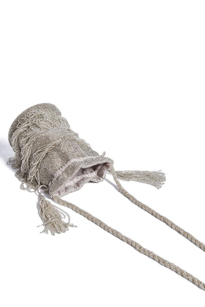 Channel Hand Embellished Fringe Bucket Bag in Silver