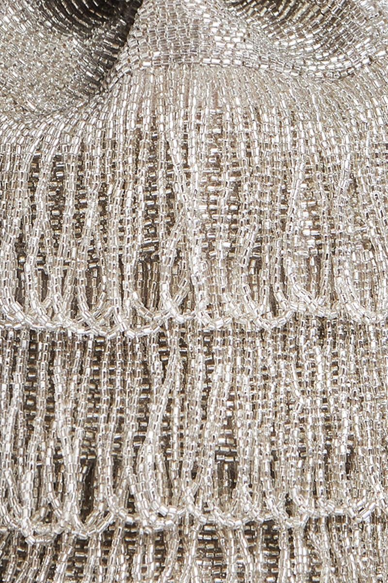 Channel Hand Embellished Fringe Bucket Bag in Silver