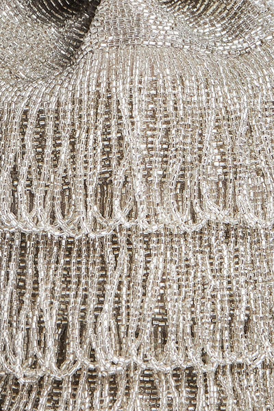 Channel Hand Embellished Fringe Bucket Bag in Silver