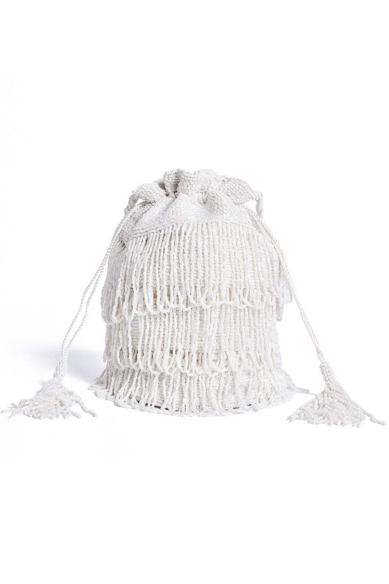 Edwardian Gloves, Handbags, Hair Combs, Wigs Channel Hand Embellished Fringe Bucket Bag in White $120.00 AT vintagedancer.com