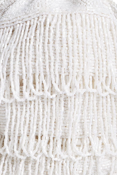 Channel Hand Embellished Fringe Bucket Bag in White