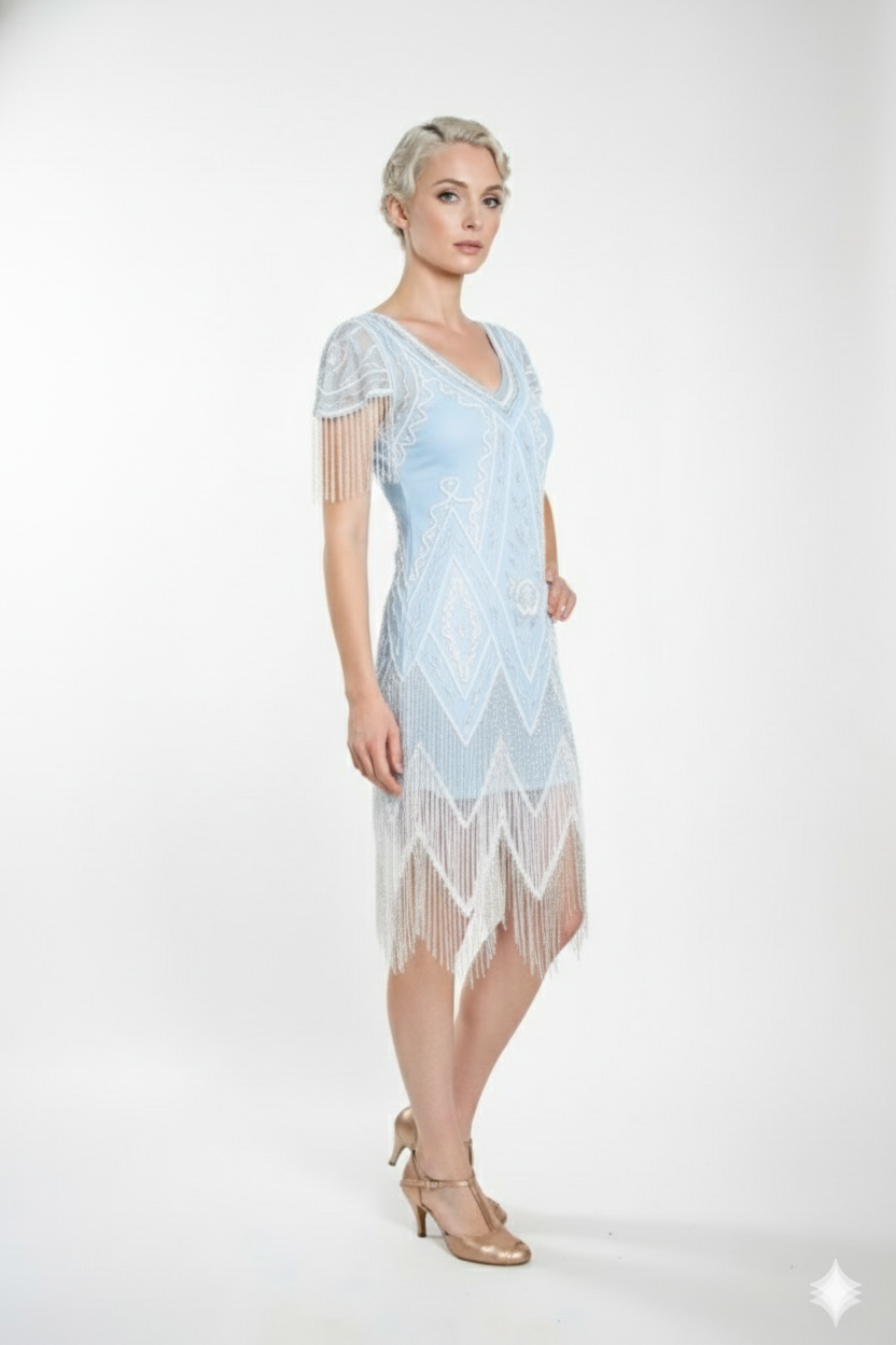 Celeste Art Deco Beaded Dress in Powder Blue by Nataya – WardrobeShop