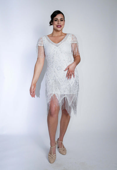 Celeste Art Deco Beaded Dress in White by WardrobeShop