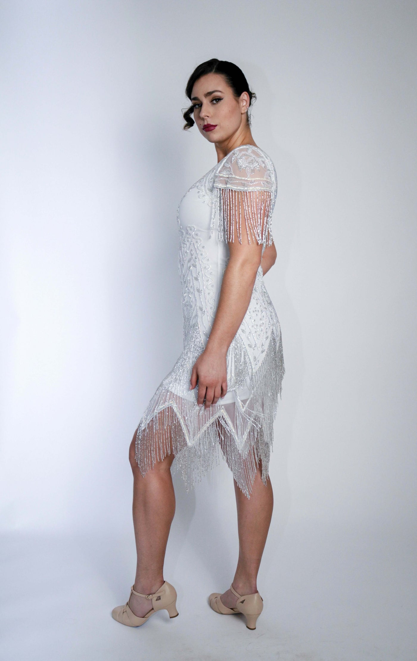Celeste Art Deco Beaded Dress in White by WardrobeShop