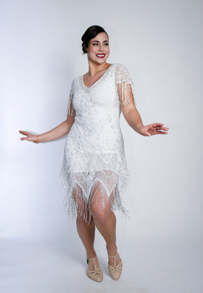 Celeste Art Deco Beaded Dress in White by WardrobeShop
