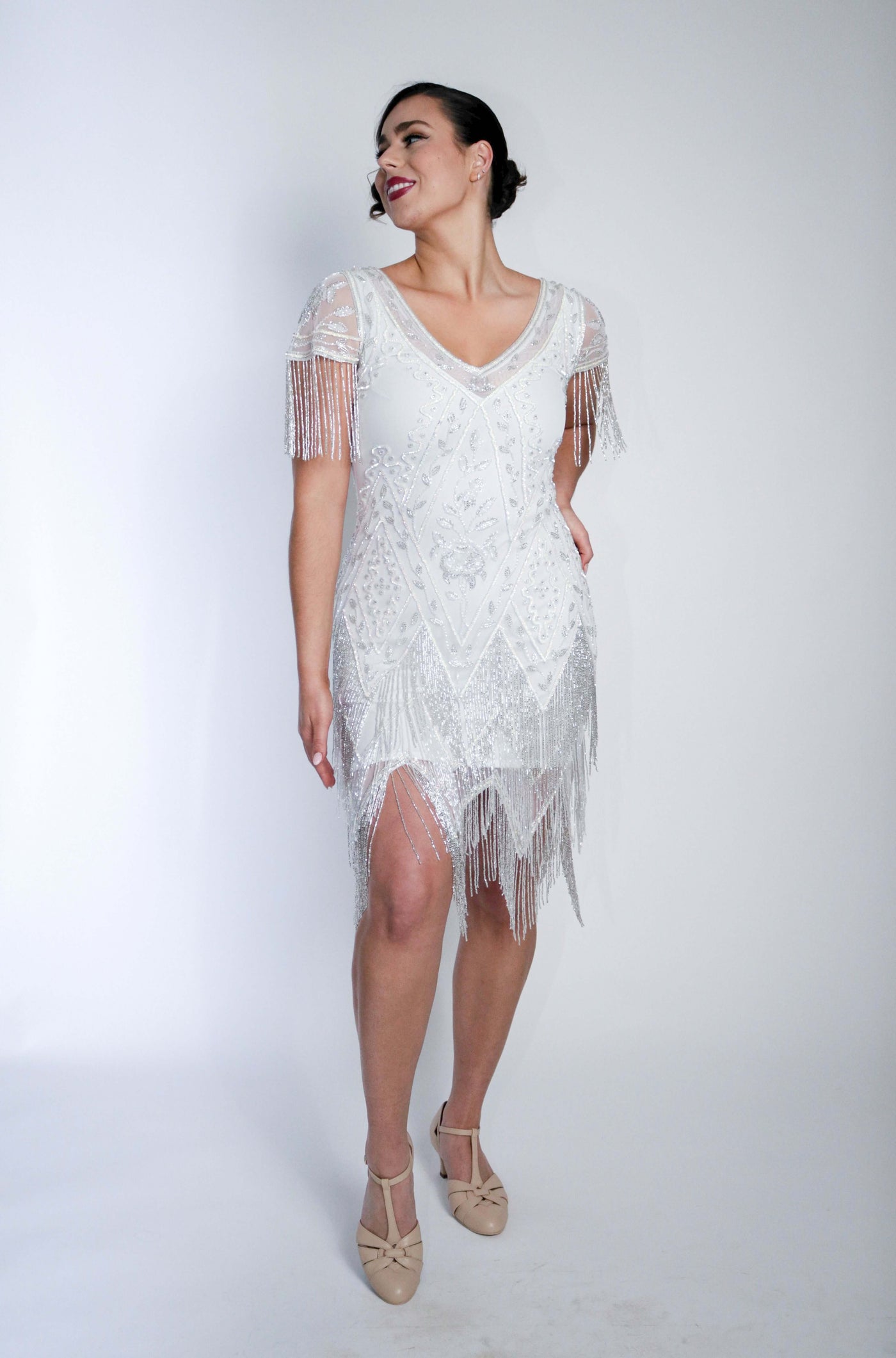 Celeste Art Deco Beaded Dress in White by WardrobeShop