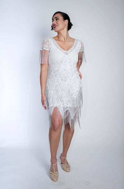 Celeste Art Deco Beaded Dress in White by WardrobeShop