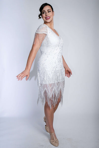Celeste Art Deco Beaded Dress in White by WardrobeShop