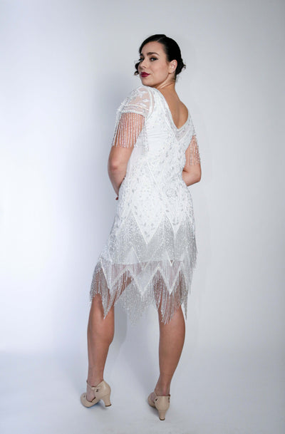 Celeste Art Deco Beaded Dress in White by WardrobeShop