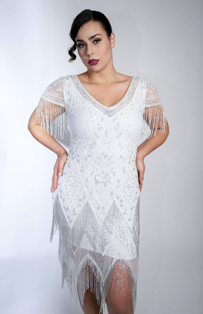 Celeste Art Deco Beaded Dress in White by WardrobeShop